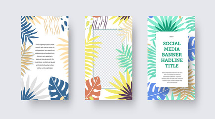 Social media banner, vector post, stories with tropical, exotic leaves, bright colorful abstract elements.
