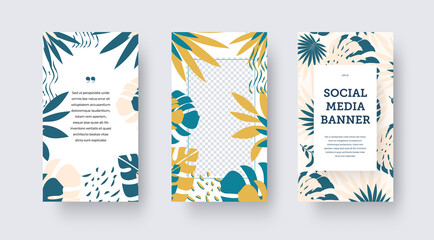 Vector social media banner, place for photo, header, tropical leaves, exotic composition in blue, nude, yellow.