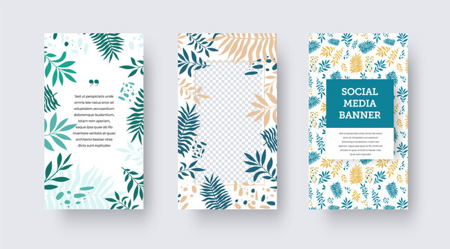 Vector illustration, cover for social media, post, design with tropical palm leaves, exotic twigs, in blue, green, nude colors.