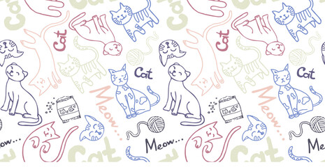 seamless pattern with the contour of domestic kittens and cat faces, cat food, tangles for games. For packaging paper, veterinary salons