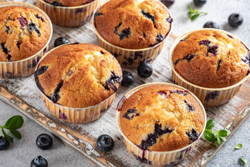 Homemade vegan blueberry muffins on white background.