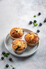 Homemade vegan blueberry muffins on white background.
