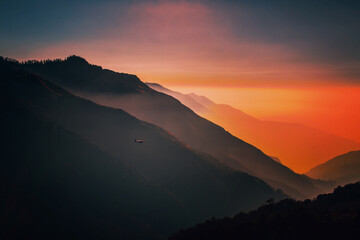 bright sunrise in the Himalayan mountains, Annapurna region