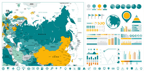 Eurasia Detailed Map and Infographics design elements. On white