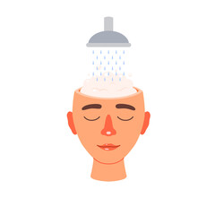 Brain wash, manipulating opinions and thoughts. Lather in the head and shower. Vector metaphor illustration isolated on white background