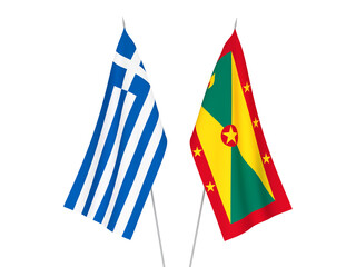 National fabric flags of Greece and Grenada isolated on white background. 3d rendering illustration.