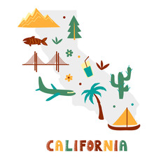 USA map collection. State symbols and nature on gray state silhouette - California. Cartoon simple style for print - obrazy, fototapety, plakaty