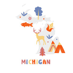 USA map collection. State symbols and nature on gray state silhouette - Michigan. Cartoon simple style for print
