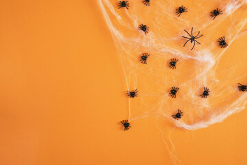 many black plastic spiders in a web on an orange background copy space