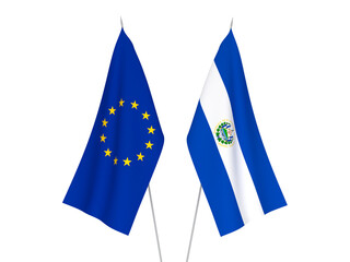 National fabric flags of European Union and Republic of El Salvador isolated on white background. 3d rendering illustration.