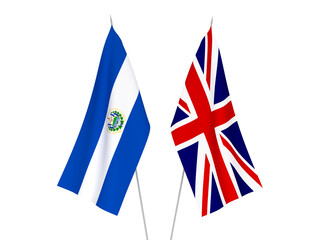 National fabric flags of Great Britain and Republic of El Salvador isolated on white background. 3d rendering illustration.