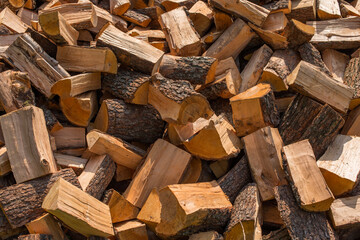 Stack of drying pine firewood in the sun