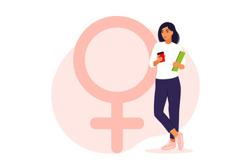 Woman symbol. A woman stands next to a gender icon. Vector illustration. Flat.