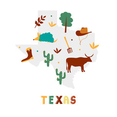 USA map collection. State symbols and nature on gray state silhouette - Texas. Cartoon simple style for print