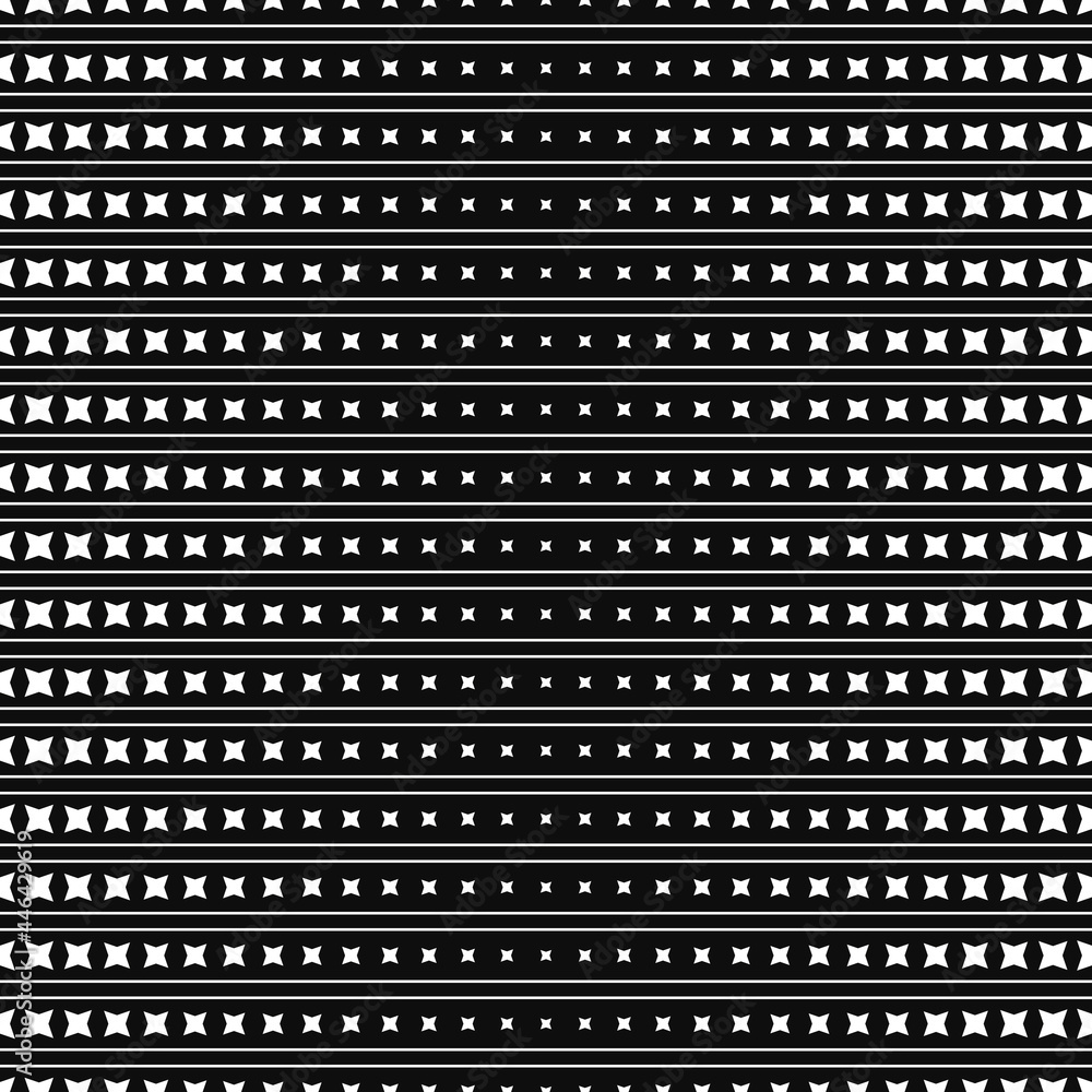 Poster Horizontal double lines and four ray stars pattern. Vector and seamless white shapes on black background.
