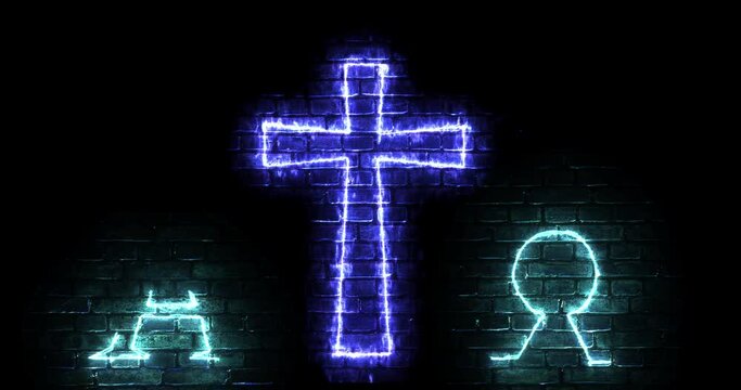 A Christian cross, the letters alpha and omega, A projection on a brick wall, A composition made without the use of fonts.