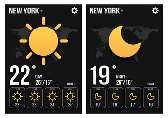 Weather forecast widget. Day and night weather app templates. With a map of the earth. In paper style, on a dark background - obrazy, fototapety, plakaty