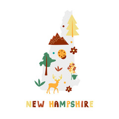 USA map collection. State symbols and nature on gray state silhouette - New Hampshire. Cartoon simple style for print