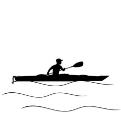 boy8Silhouette boy learns paddling Kayak. Kayaking water sport