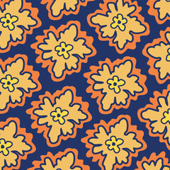 Abstract floral pattern. Orange flowers, on a dark blue background. Spots and lines. Vector pattern.