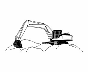 Crawler Excavator Modern Flat Vector Illustration. Black and White Outlined Illustration