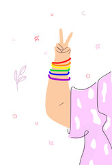 happy LGBT Pride Month Hand with victoria symbol and LGBTQ colors bracelets. Vector illustration for a flag, poster, support for the LGBTQ community.