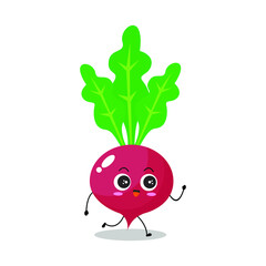 Vector illustration of red radish character with cute expression, funny, isolated on white background, vegetable for mascot collection, emoticon kawaii, happy, walk, greeting