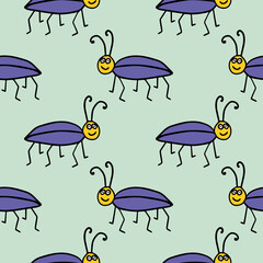 Seamless pattern with cute cartoon doodle linear bug isolated on background.