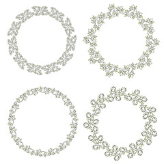 Cotton plant colorful branch round circle border or frame. Hand drawn wedding herb, plant and monogram with elegant leaves for invitation save the date card design.