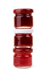 front view of set of small jam and vegetable jars in different colors without labels and shiny metallic lid covers isolated on white background