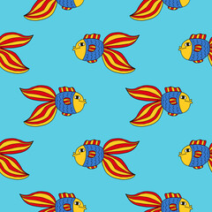 Fototapeta premium Crazy tropical fish seamless pattern. Colorful cute cartoon doodle sea animal background. Hand drawn aquarium fish infinity card, textile.
