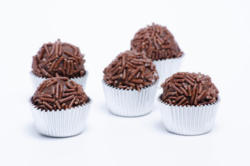 Brigadeiro. Typical Brazilian sweet made with condensed milk and cocoa, covered with granulated chocolate.
