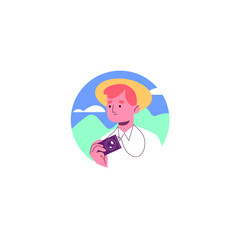 Excited Asian Tourist Man Holding Camera Vector Illustration