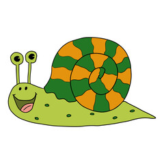 Cartoon doodle linear happy snail isolated on white background. 