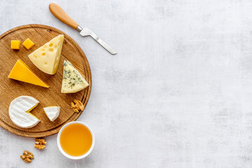 Various types of cheese with cheese knives. Snacks for wine