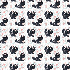 Seamless pattern with funny cartoon cute cats on a white background with blue lines and pink hearts. It can be print and used as wallpaper, packaging, wrapping paper, fabric and etc.