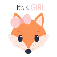 Cartoon fox head with bow sign Its a girl. isolated on white background. vector illustration