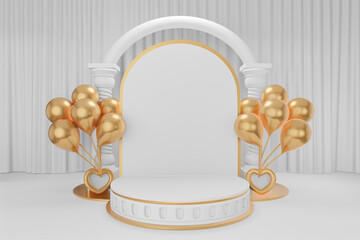 Cosmetic display product stand, Three gold white round roman style cylinder podium with white arch greek columns and gold balloons on white curtain background. 3D rendering illustration