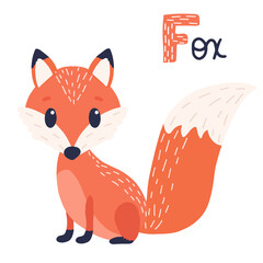 Cartoon fox with sign. Letter F learning. Animal alphabet. isolated on white background. vector illustration.