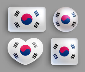 Set of glossy buttons with Korea country flag. Eastern Asia country national flag, shiny geometric shape badges. Korean symbols in patriotic colors realistic vector illustration