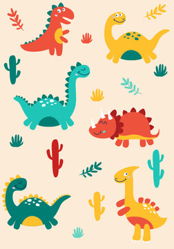 Cute dinosaurs set. Doodle cartoon dino characters for nursery posters, cards, kids t-shirts. Vector illustration.
