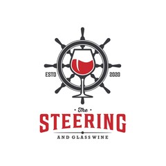 Glass Wine Ship Steering Logo Design Vector Image