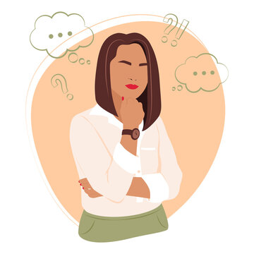 Vector illustration depicting a thinking girl. flat stock illustration. girl thinks. girl's thoughts. Image for social networks 
