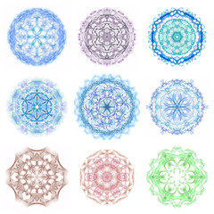 Mixed set of circular abstract elements on a white background.