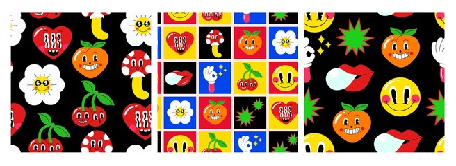 Set of seamless patterns. Hand-drawn colorful funny characters: emoticons, fruits, flowers, hearts, mushrooms. Cartoon vector illustration for printing on fabric, wallpaper, backgrounds.