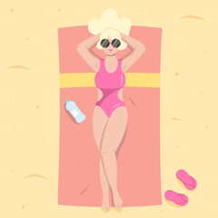 Pretty woman sunbathing lying on her back. Young blonde woman in swimsuit and sunglasses lying on the beach on towel with bottle of water. Summer concept vector flat illustration.