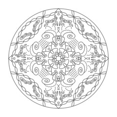 Mandala. Hearts and spirals. Anti-stress coloring page. Vector illustration black and white.