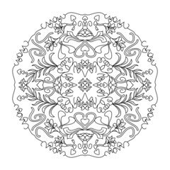 Mandala. Hearts and lily flowers. Anti-stress coloring page. Vector illustration black and white.