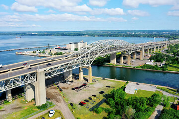 Aerial of the Burlington Skyway with traffic