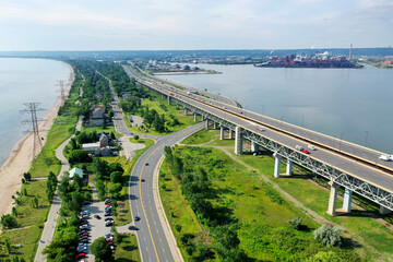 Aerial view of the Burlington Skyway with traffic